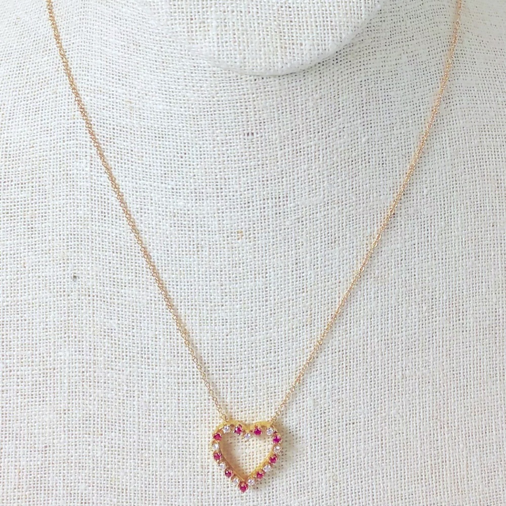 🌹SOLD! ❌ 18K Open Heart Red Ruby Diamond Necklace - Picture 7 of 11
